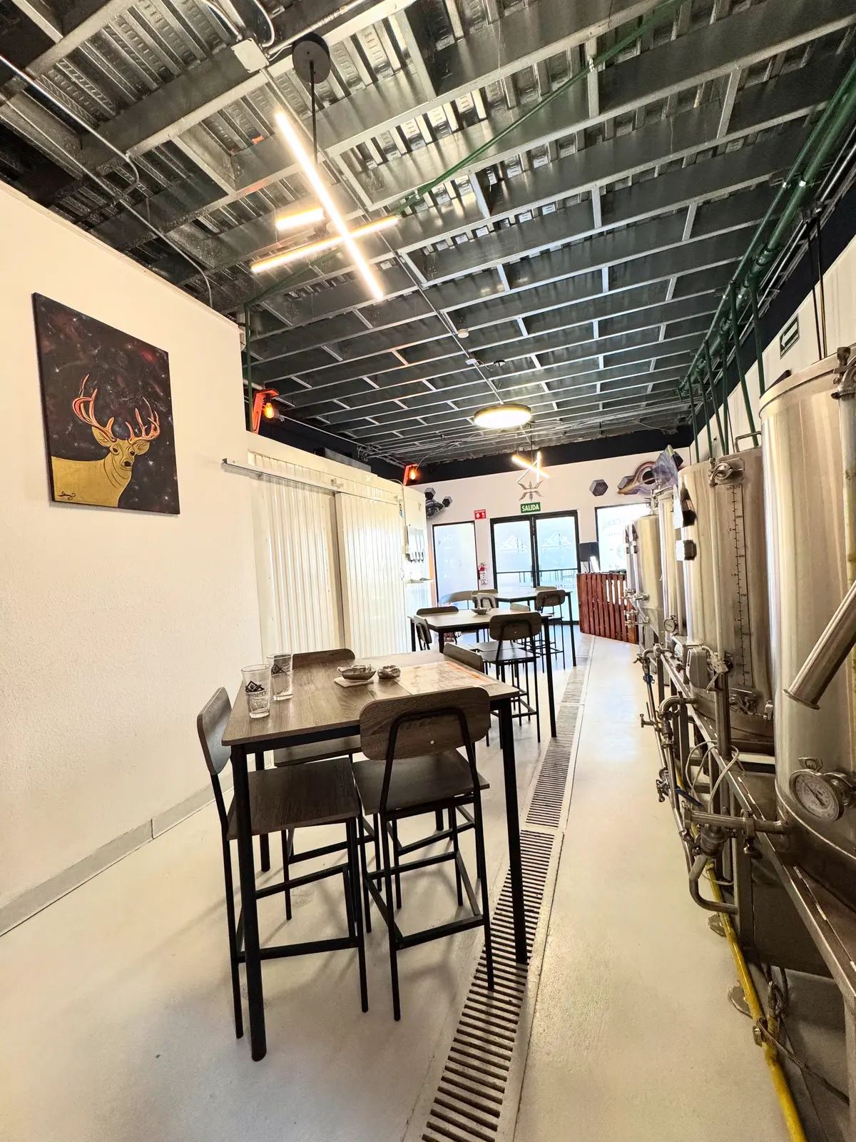 Interior del taproom de Pleiadian Brewing con tanques de fermentaci&oacute;n